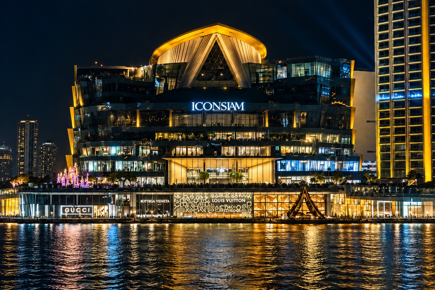 ICONSIAM beside the Chao Phraya River with its building sign